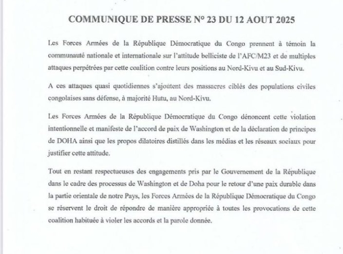 RDC: L'ARMEE DENONCE LES ATTAQUES RÉPÉTÉES DE L'AFC/M23 ET MENACE DE RIPOSTER