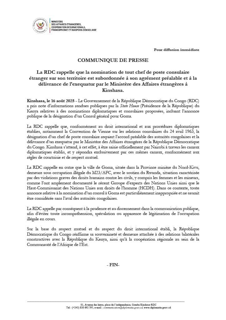 DÉSIGNATION CONTROVERSÉE D'UN CONSUL GÉNÉRAL POUR GOMA: LES RELATIONS RDC-KENYA MISES EN ÉPREUVES