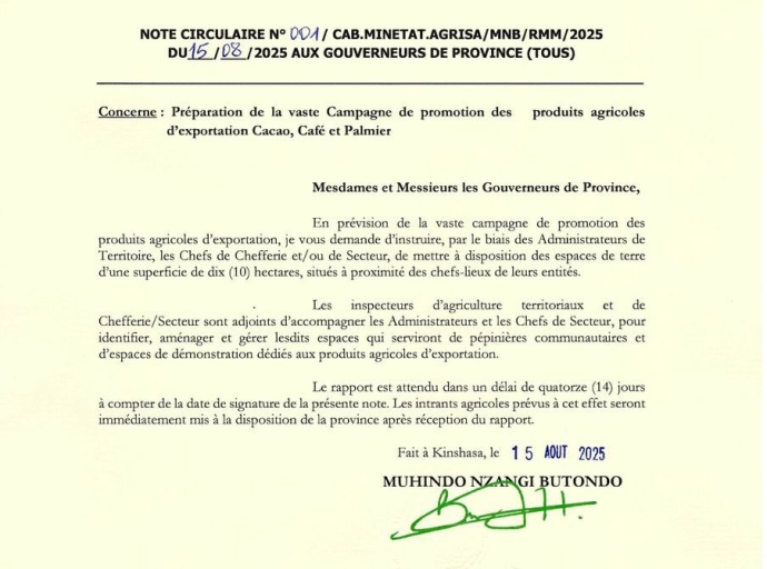 RALANCE AGRICOLE : 10 HECTARES PAR PROVINCE POUR DEVELOPPER LA CULTURE DE CACAO, CAFE ET DU PALMIER