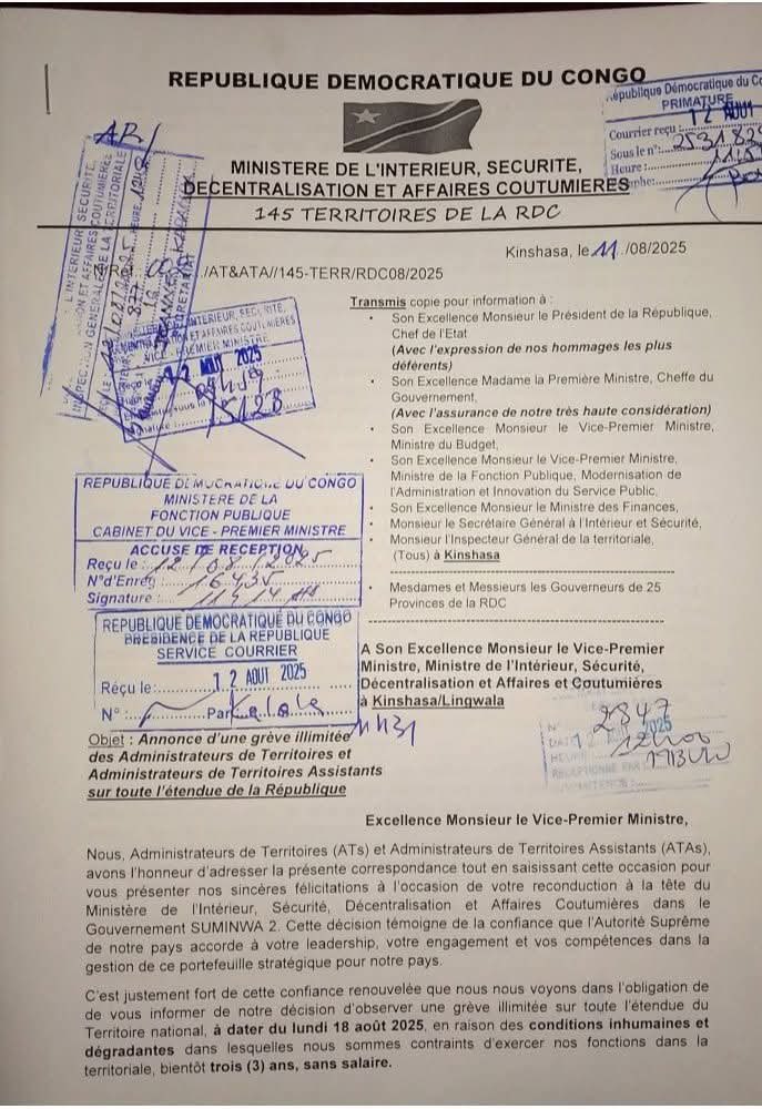RDC: LES ADMINISTRATEURS DE TERRITOIRES MENANCENT D'ALLER EN GREVE