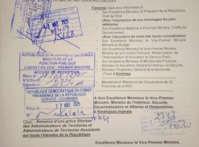 RDC: LES ADMINISTRATEURS DE TERRITOIRES MENANCENT D'ALLER EN GREVE