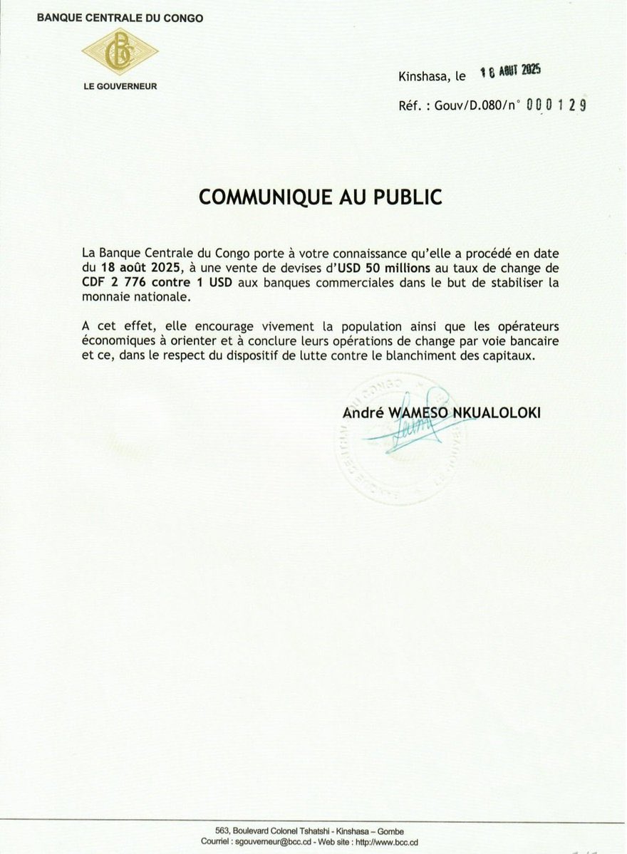 RDC: LA BANQUE CENTRALE INJECTE 50 MILLIONS USD POUR CALMER LA TEMPÊTE SUR FRANC CONGOLAIS