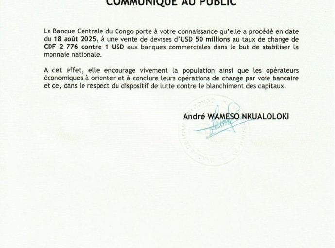 RDC: LA BANQUE CENTRALE INJECTE 50 MILLIONS USD POUR CALMER LA TEMPÊTE SUR FRANC CONGOLAIS