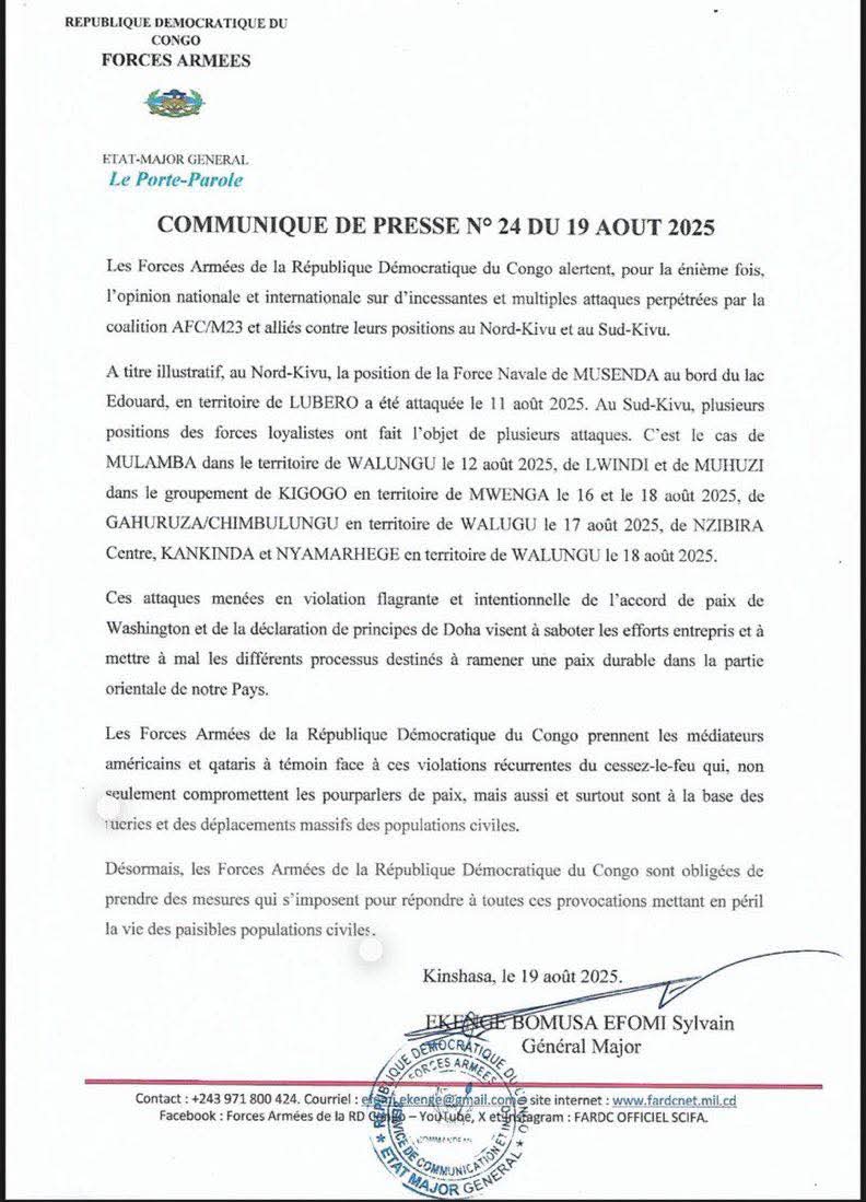 RDC: LES FARDC TIRENT UNE SONNETTE D'ALARME FACE À LA RECRUDESCENCE DES ATTAQUES DE M23 A L'EST
