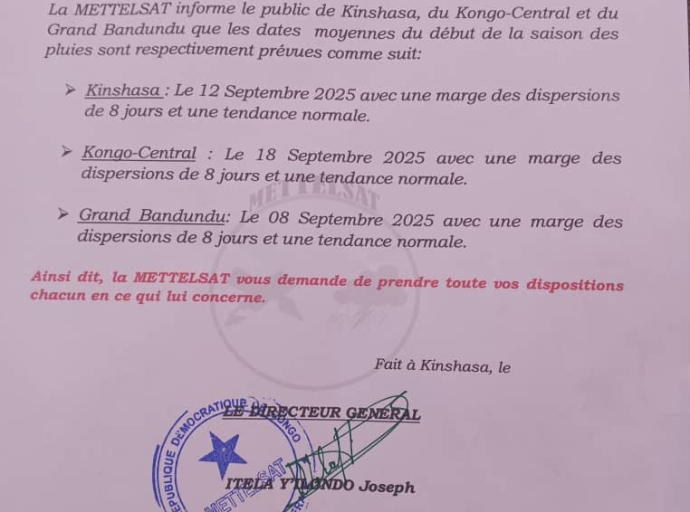 RDC : LA METTELSAT ANNONCE LES DATES PREVISIONNELLES DU DEBUT DE LA SAISON DES PLUIES POUR KINSHASA, LE KONGO-CENTRAL ET LE GRAND BANDUNDU 