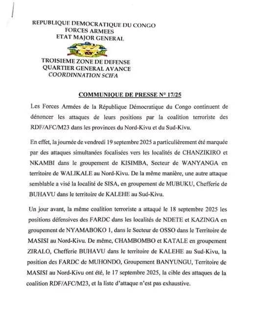LES FARDC DÉNONCENT LES VIOLATIONS DU CESSEZ-LE-FEU ET MENACENT DE RIPOSTER