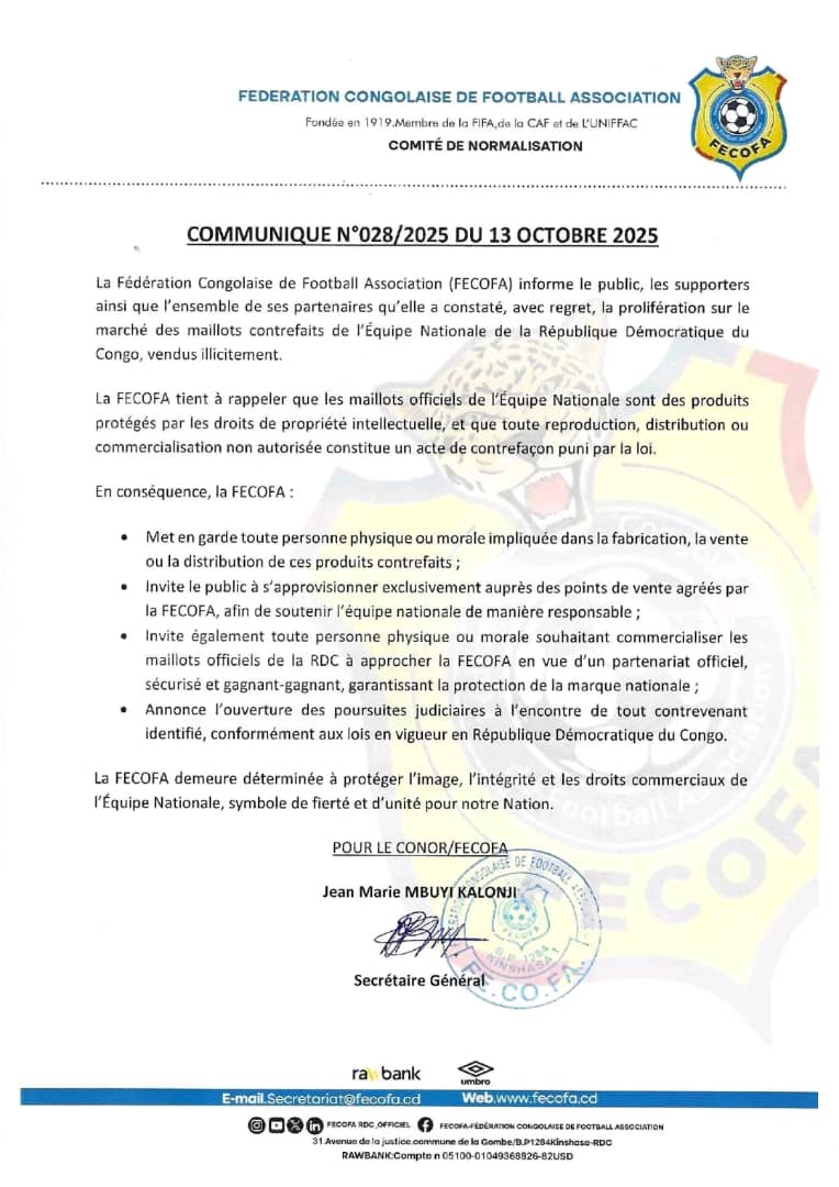 SPORT/RDC: La FECOFA DÉNONCE LA PROLIFÉRATION DE MAILLOTS CONTREFAITS ET ANNONCE DES POURSUITES