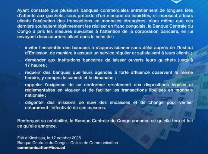 RDC : LA BANQUE CENTRALE DU CONGO MET EN GARDE LES BANQUES COMMERCIALES