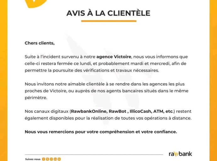 BRAQUAGE A LA RAWBANK : FERMETURE TEMPORAIRE DE L'AGENCE VICTOIRE ‎