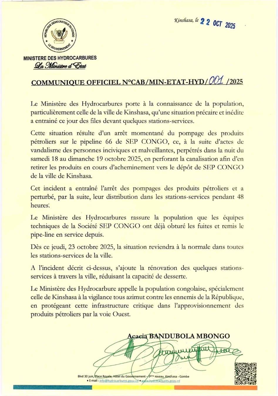 KINSHASA: PERTURBATION TEMPORAIRE DE L'APPROVISIONNEMENT EN CARBURANT