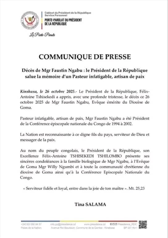 RDC: LE PRÉSIDENT TSHISEKEDI REND HOMMAGE À Mgr FAUSTIN NGABU