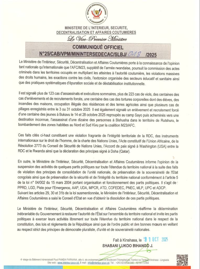 RDC: LE GOUVERNEMENT DÉNONCE LES CRIMES DU M23 ET SAISIT LE CONSEIL D’ÉTAT POUR SUSPENDRE CERTAINS PARTIS POLITIQUES