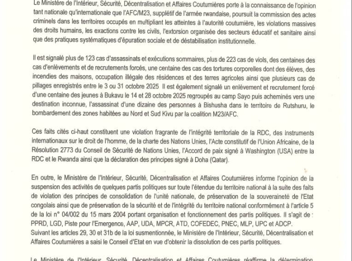 RDC: LE GOUVERNEMENT DÉNONCE LES CRIMES DU M23 ET SAISIT LE CONSEIL D’ÉTAT POUR SUSPENDRE CERTAINS PARTIS POLITIQUES