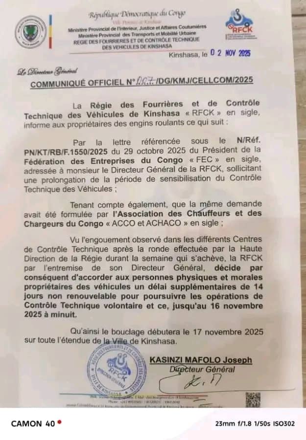 KINSHASA: REPORT DU CONTRÔLE TECHNIQUE DES VÉHICULES AU 17 NOVEMBRE
