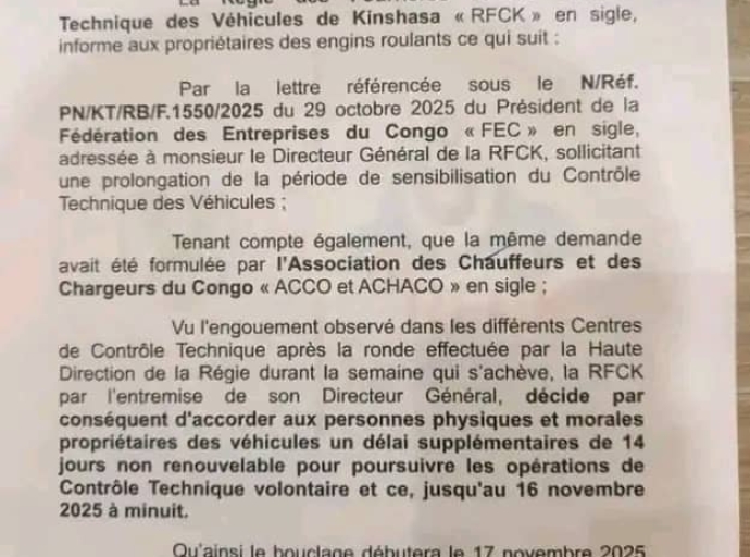 KINSHASA: REPORT DU CONTRÔLE TECHNIQUE DES VÉHICULES AU 17 NOVEMBRE