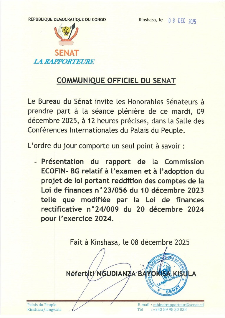 RDC : le Sénat convoque une plénière décisive sur la reddition des comptes de l’exercice 2024