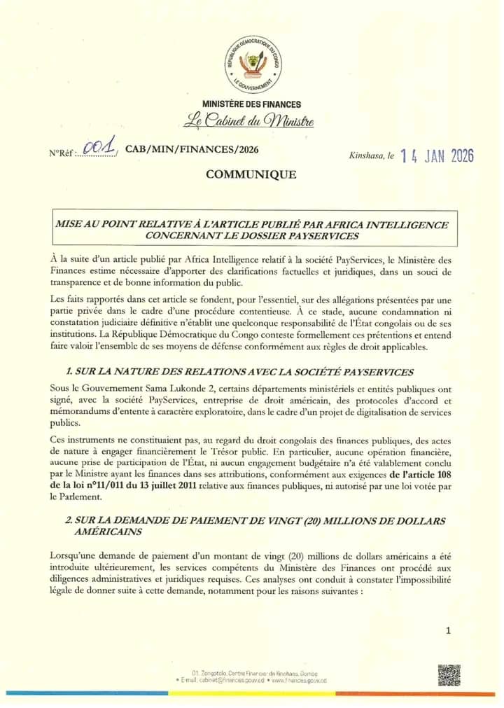 Dossier PayServices : le Gouvernement congolais dément tout engagement financier et rejette les accusations