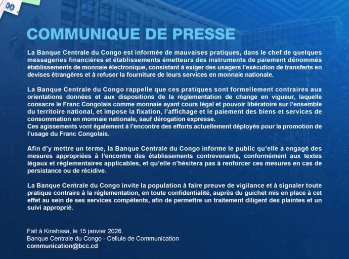Paiements en devises : la Banque centrale rappelle la primauté du franc congolais