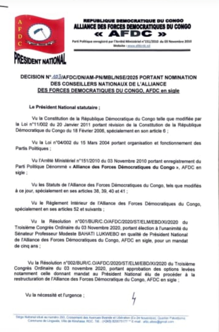 AFDC : nomination de nouveaux conseillers nationaux(le Pasteur Walumona, M. Koffi Olomide, M. Ngyama Werason et M. Wazekwa Félix)