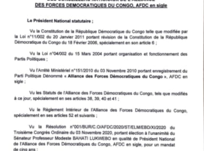 AFDC : nomination de nouveaux conseillers nationaux(le Pasteur Walumona, M. Koffi Olomide, M. Ngyama Werason et M. Wazekwa Félix)
