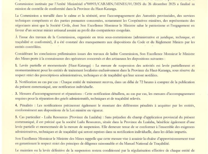Haut-Katanga : la production de cuivre et de cobalt reprend partiellement après contrôle ministériel