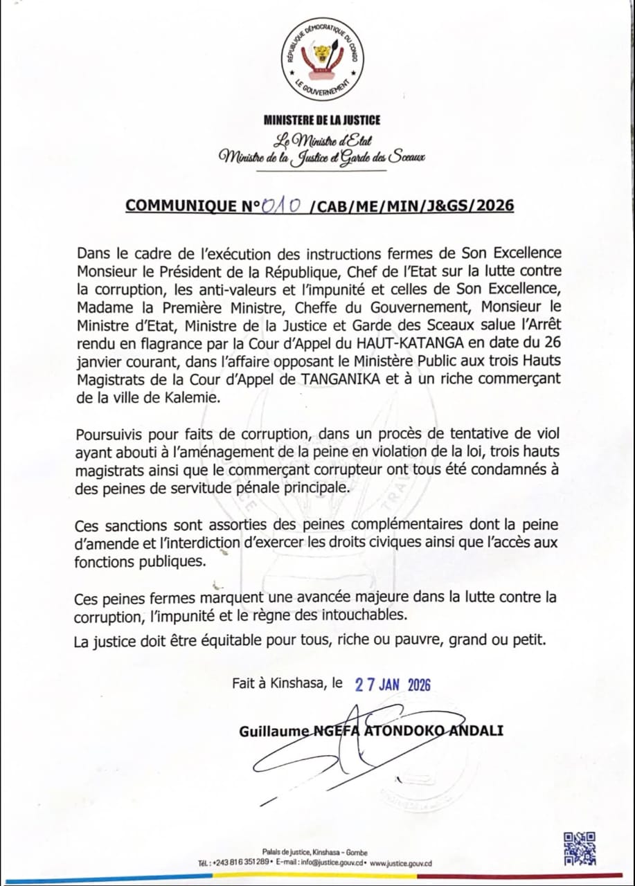 RDC : trois hauts magistrats et un commerçant lourdement condamnés pour corruption