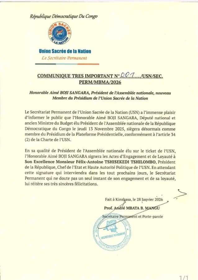 RDC : Aimé Boji Sangara intègre officiellement le Présidium de l’Union Sacrée