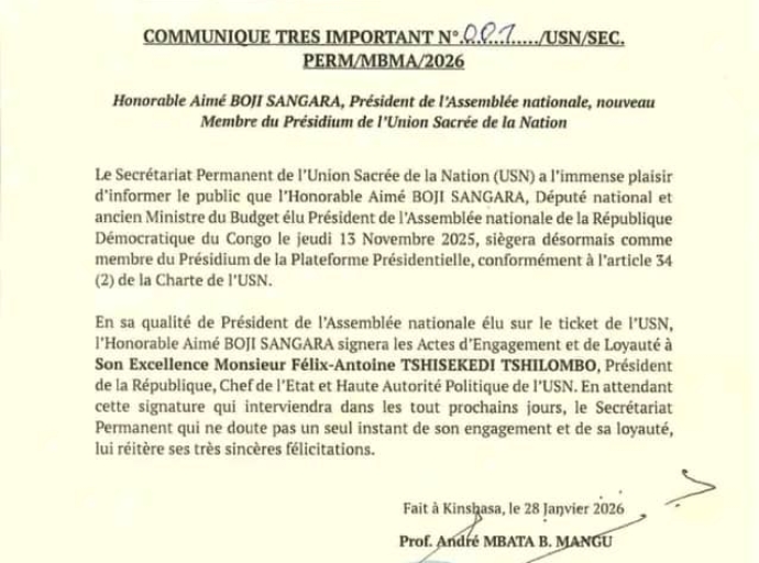 RDC : Aimé Boji Sangara intègre officiellement le Présidium de l’Union Sacrée