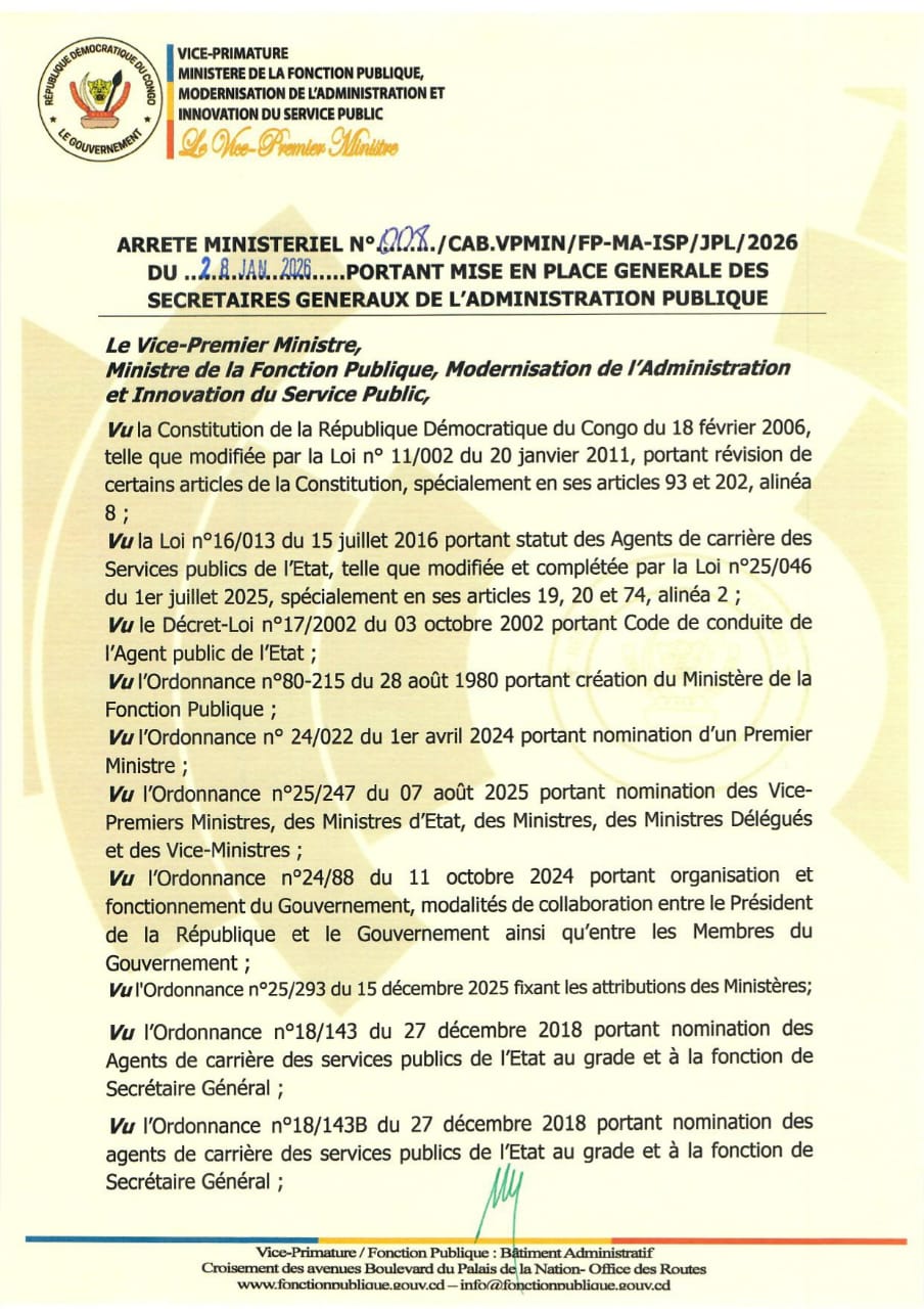 RDC : Le gouvernement procède à la mise en place des secrétaires généraux au sein de l’administration publique