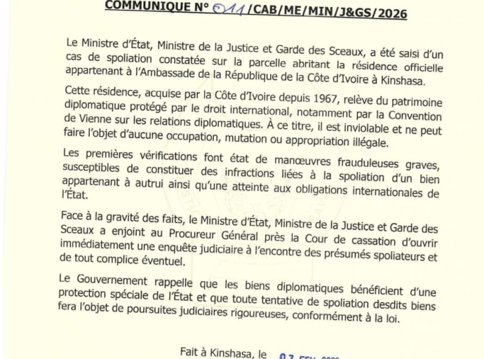 Kinshasa: ouverture d’une enquête après une spoliation visant la résidence de l’Ambassade de Côte d’Ivoire
