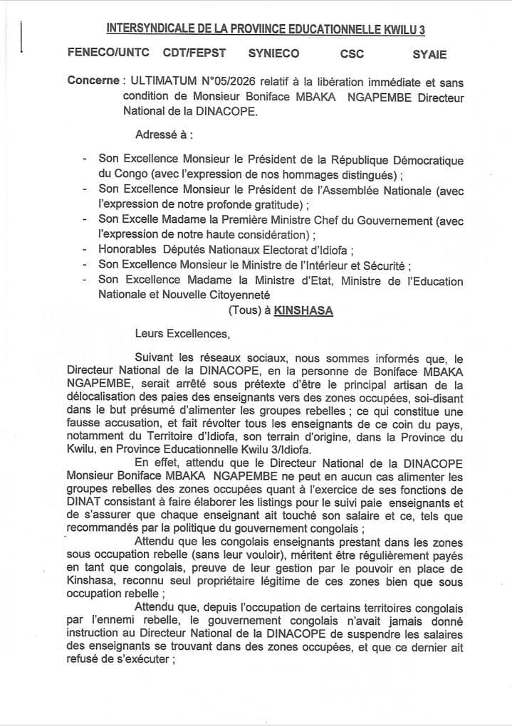 Idiofa: les syndicats des enseignants exigent la libération du patron de la DINACOPE