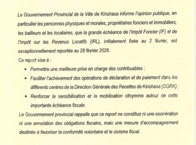 Kinshasa : la grande échéance de l’impôt foncier et des revenus locatifs reportée au 28 février 2026
