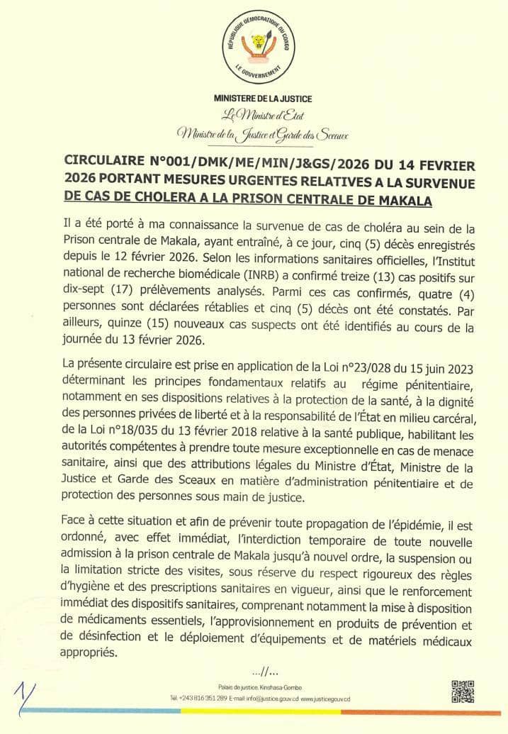Choléra à Makala : le gouvernement ferme provisoirement la prison aux nouvelles admissions