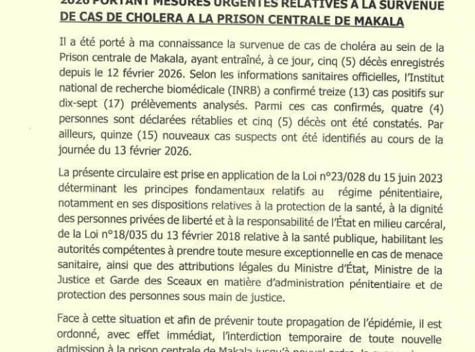 Choléra à Makala : le gouvernement ferme provisoirement la prison aux nouvelles admissions
