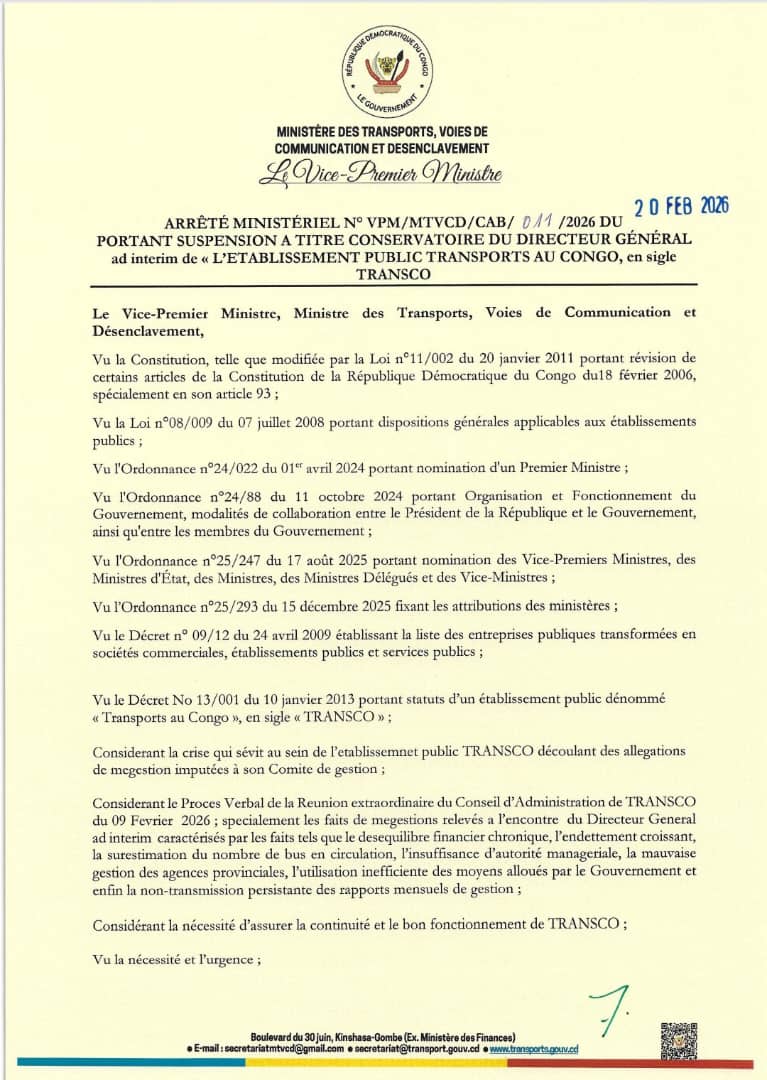 TRANSCO : le Directeur Général suspendu pour mauvaise gestion