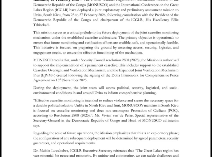 Sud-Kivu : la MONUSCO et l’ICGLR en mission à Uvira pour baliser le suivi du cessez-le-feu