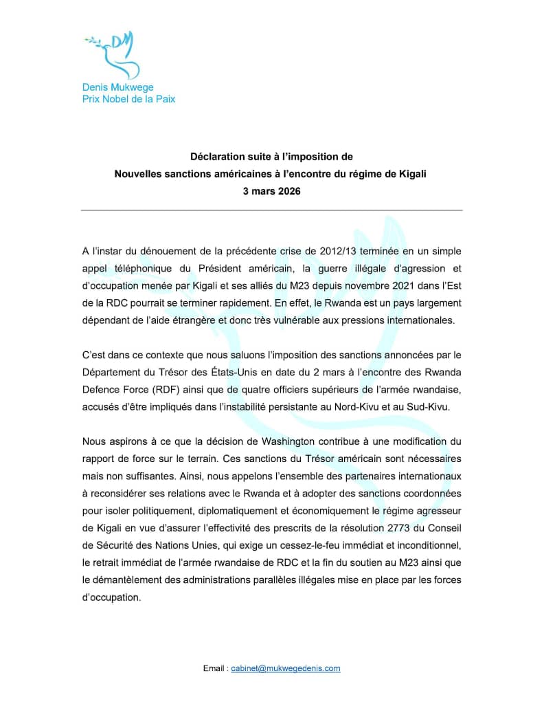 RDC : Denis Mukwege plaide pour un durcissement des sanctions internationales contre le Rwanda