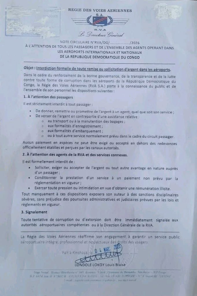 RDC : La RVA dit stop aux paiements illicites dans les aéroports