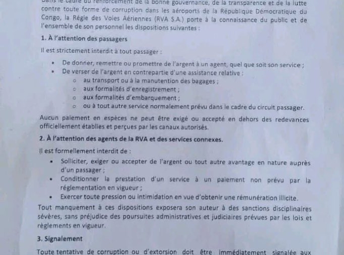 RDC : La RVA dit stop aux paiements illicites dans les aéroports