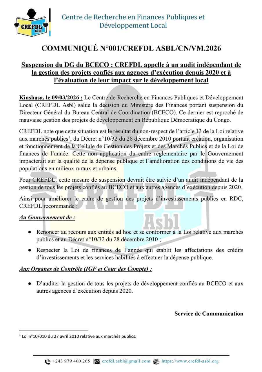 RDC : le CREFDL réclame un audit indépendant des projets de développement après la suspension du DG du BCECO