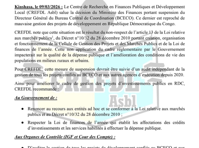 RDC : le CREFDL réclame un audit indépendant des projets de développement après la suspension du DG du BCECO