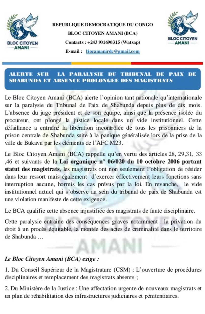 Justice à l’arrêt à Shabunda : une ONG dénonce dix mois de paralysie au Tribunal de paix