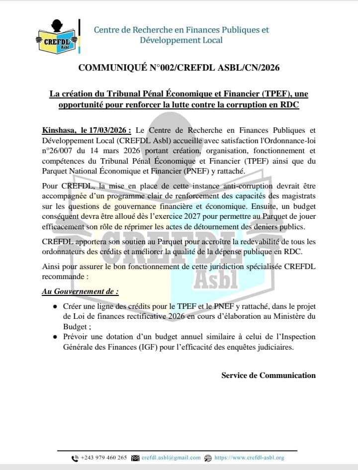 RDC : CREFDL salue la mise en place du Tribunal Pénal Économique et Financier