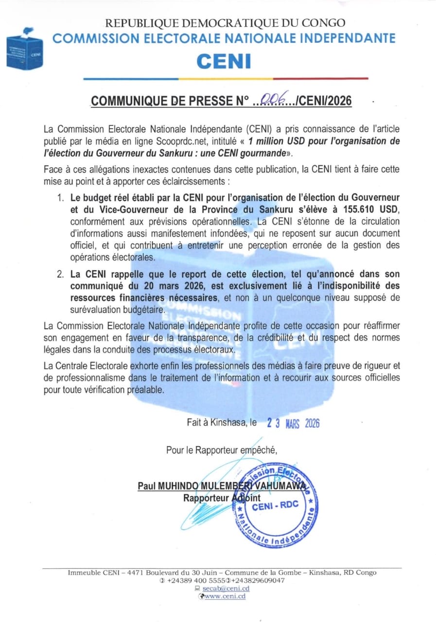 RDC : la CENI met en garde contre les fausses informations sur l’élection du Sankuru