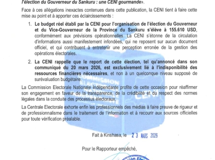 RDC : la CENI met en garde contre les fausses informations sur l’élection du Sankuru