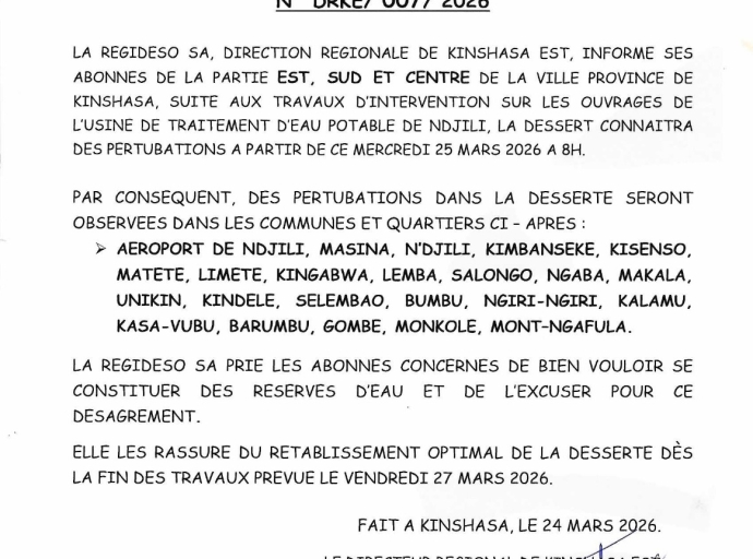 Kinshasa : la Regideso annonce des perturbations d’eau dans plusieurs communes dès ce 25 mars
