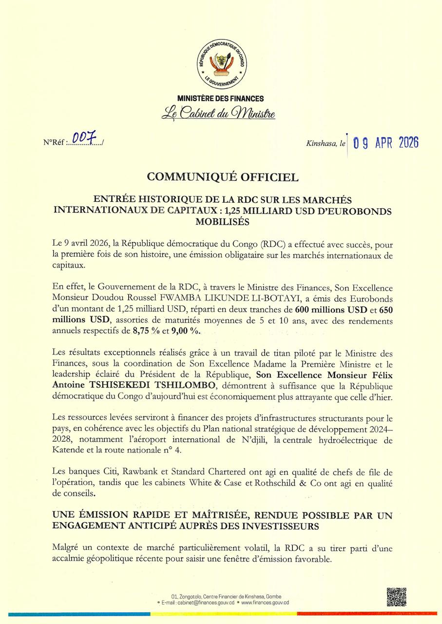 RDC : 1,25 milliard USD levés sur les marchés internationaux, une première historique