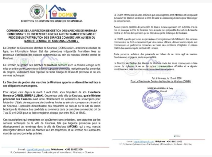 Marché central de Kinshasa : la DGMK dément toute fraude dans l’attribution des espaces