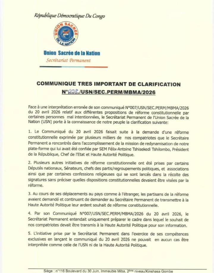 Réforme constitutionnelle : l’USN précise le sens de son communiqué du 20 avril