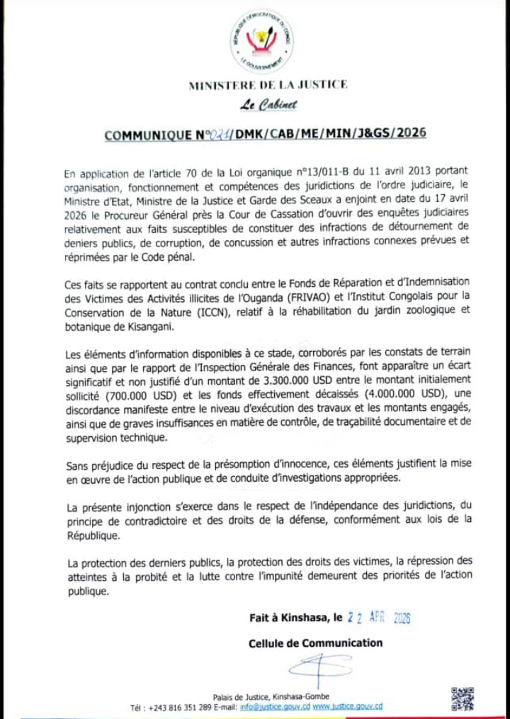 RDC : un contrat impliquant le FRIVAO et l’ICCN au cœur d’une enquête judiciaire